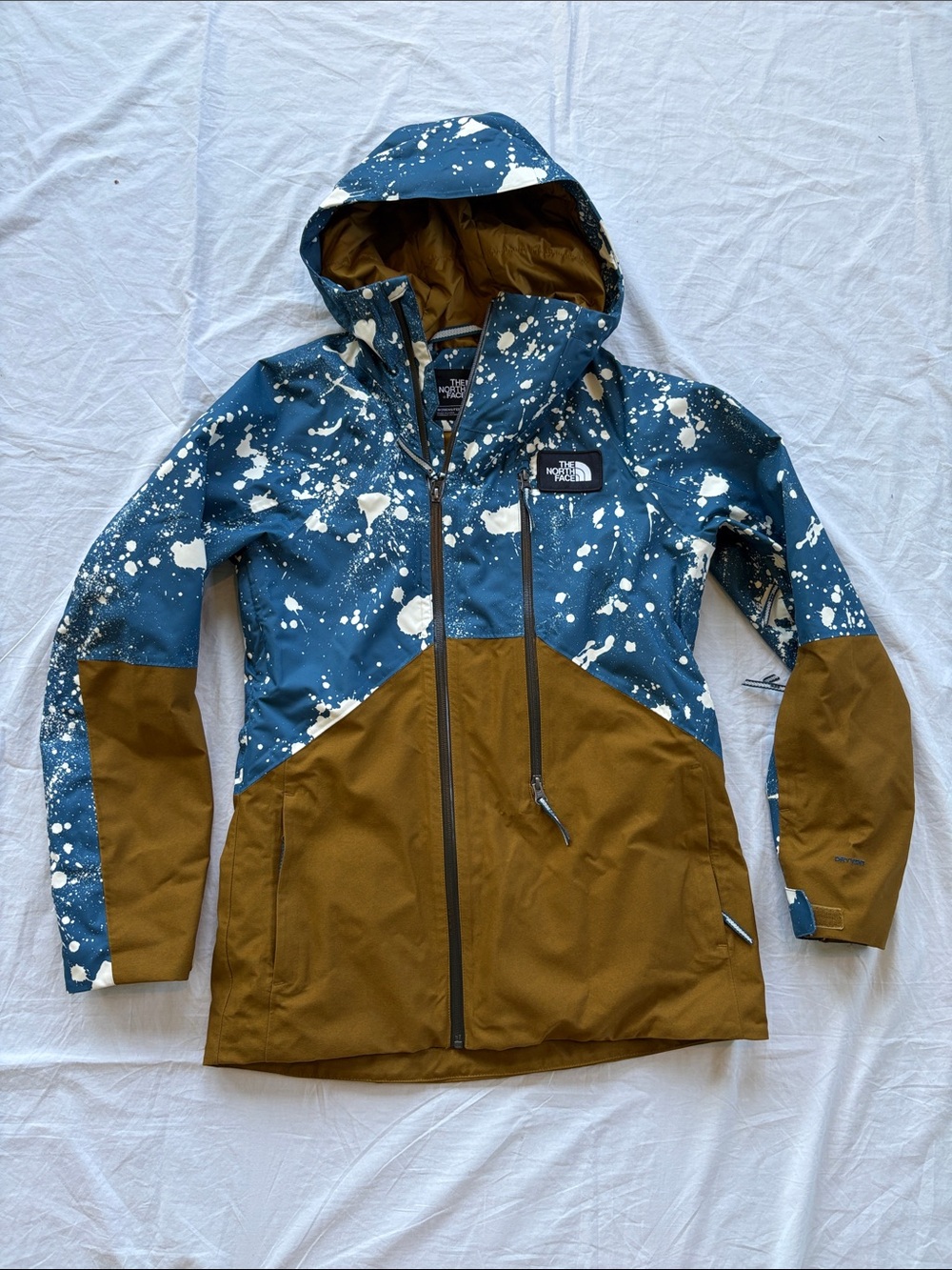 North Face Struttin Hooded Ski Jacket Monterey Blue Splatter & Tan Women’s Small